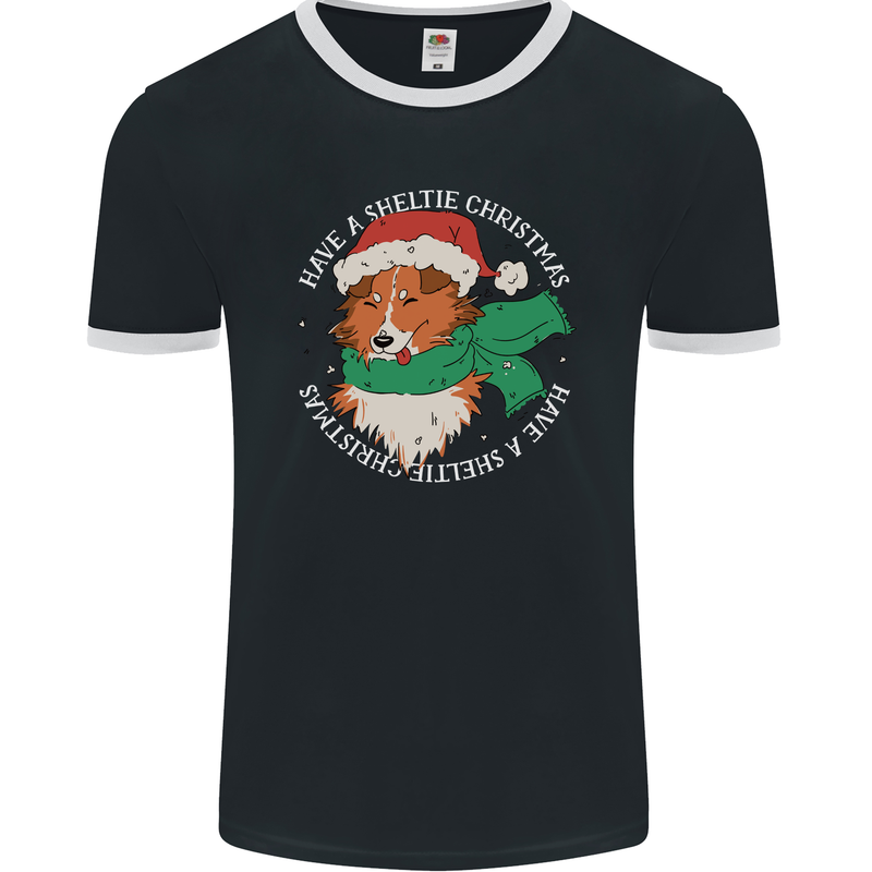 Sheltie Dog Christmas Mens Ringer T-Shirt FotL Black/White