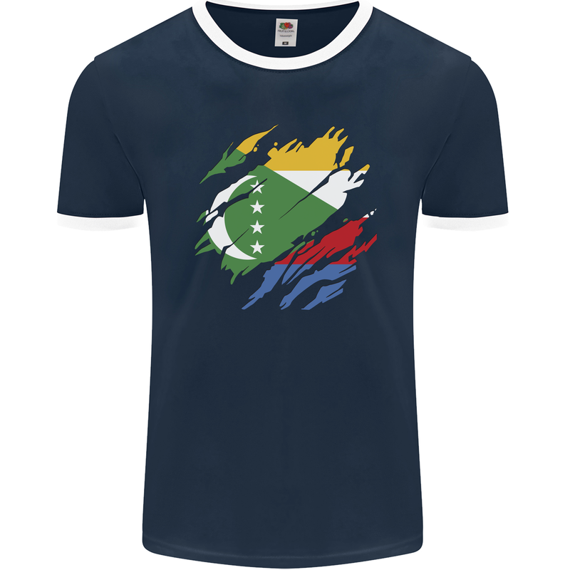 Torn Comoros Flag Comorian Day Football Mens Ringer T-Shirt FotL Navy Blue/White