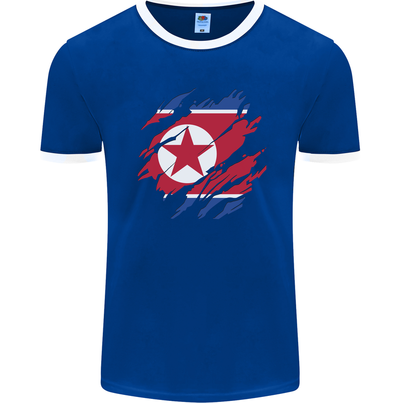 Torn North Korea Flag Korean Day Football Mens Ringer T-Shirt FotL Royal Blue/White