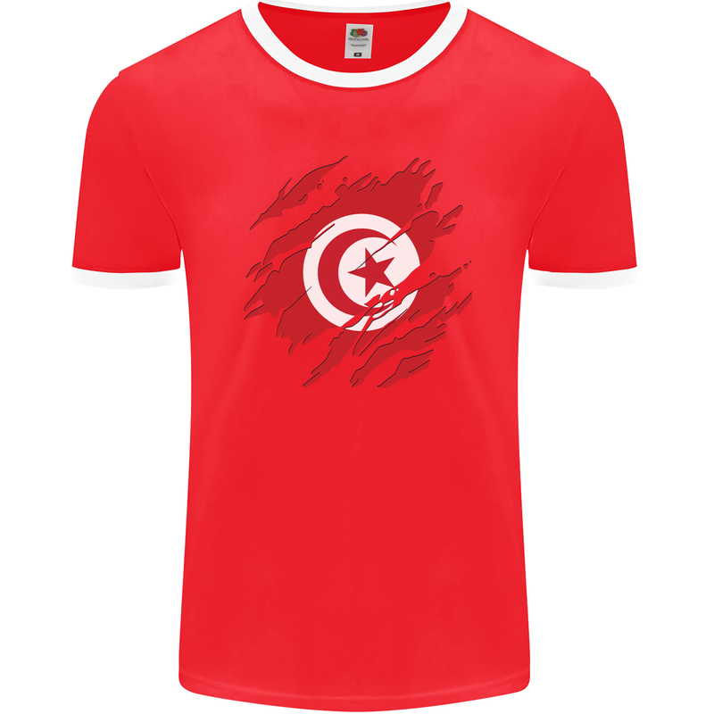 Torn Tunisia Flag Tunisian Day Football Mens Ringer T-Shirt FotL Red/White