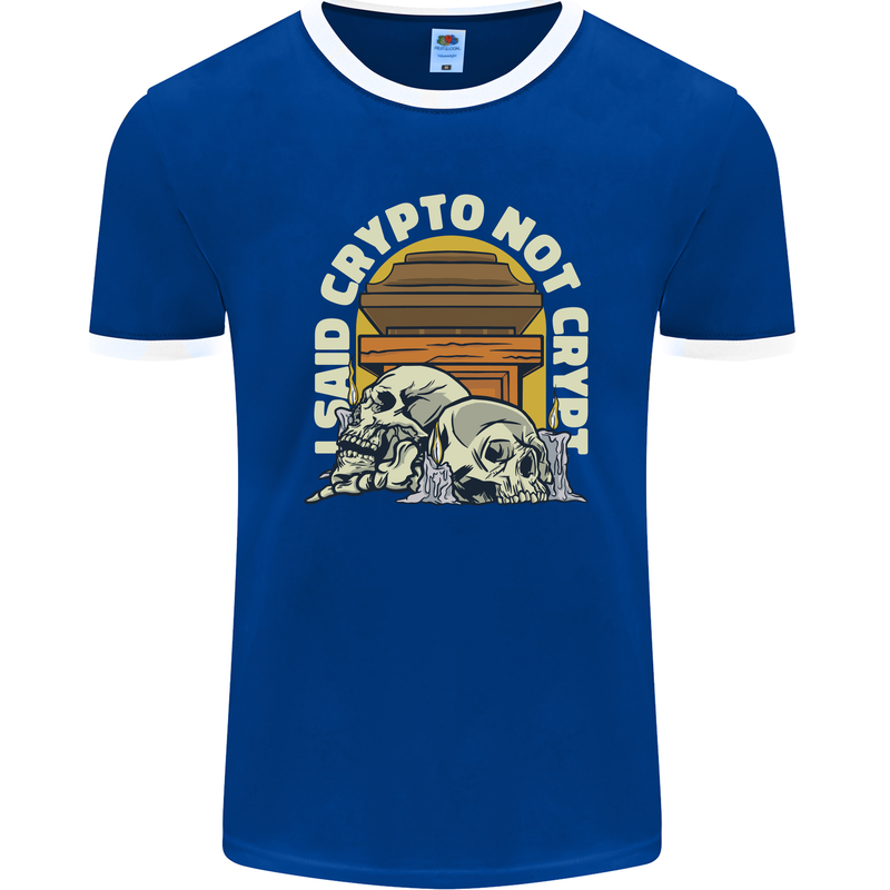 Crypto Not Crypt Funny Cryptocurrency Skulls Mens Ringer T-Shirt FotL Royal Blue/White