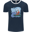Santa Claus Fishing on a Pier Christmas Mens Ringer T-Shirt FotL Navy Blue/White