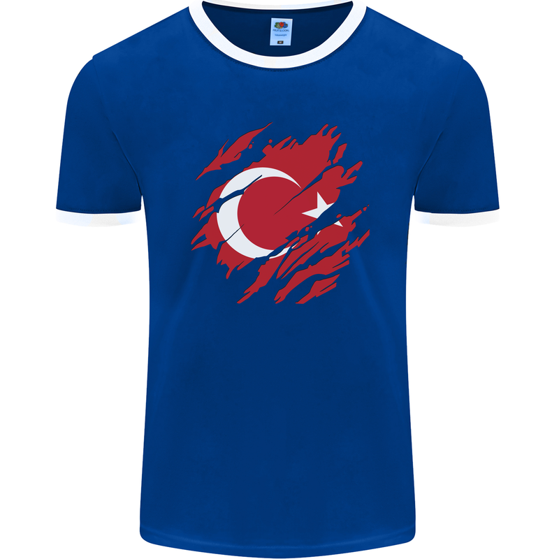 Torn Turkey Flag Turkish Day Football Mens Ringer T-Shirt FotL Royal Blue/White