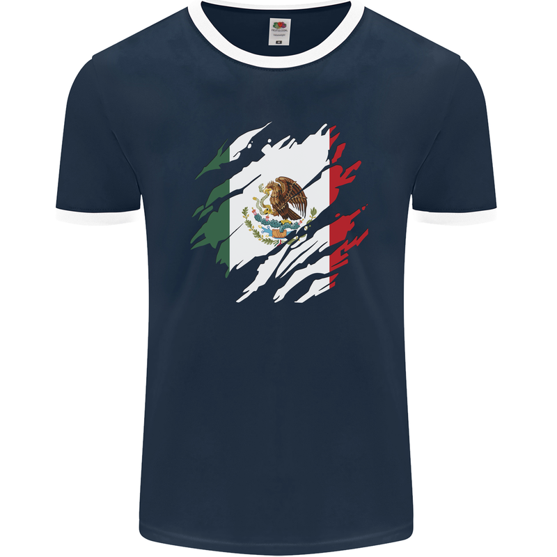 Torn Mexico Flag Mexican Day Football Mens Ringer T-Shirt FotL Navy Blue/White