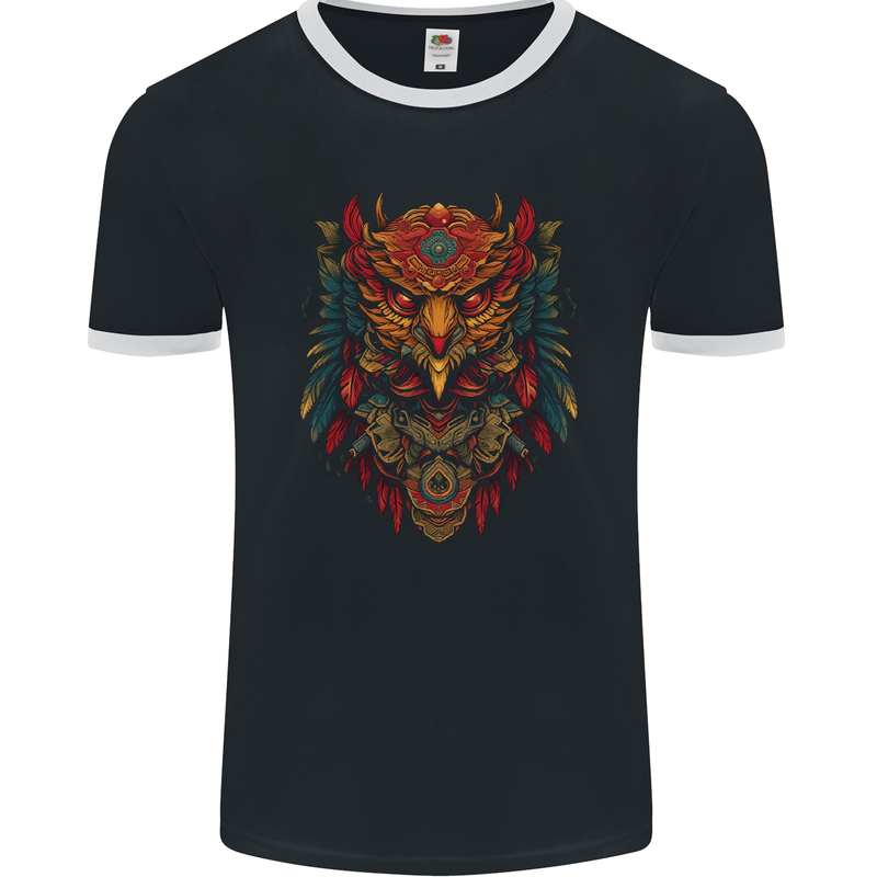 Tribal Spirit Owl Mens Ringer T-Shirt FotL Black/White