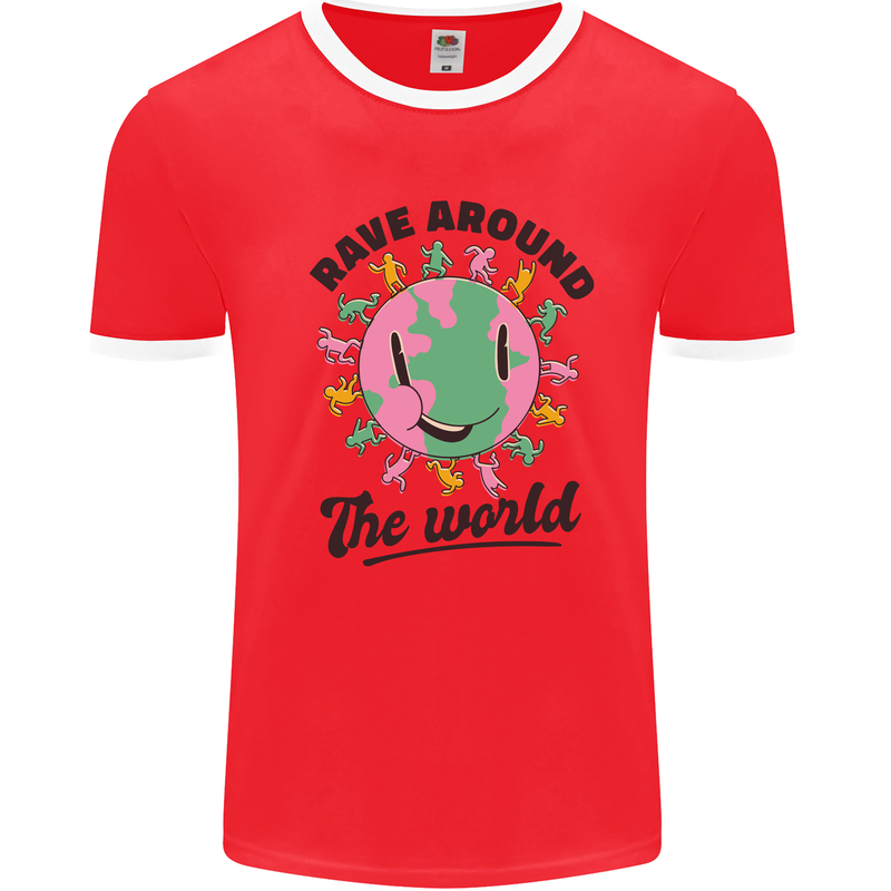 Rave Around the World Dance Music Acid Raver Mens Ringer T-Shirt Red/White