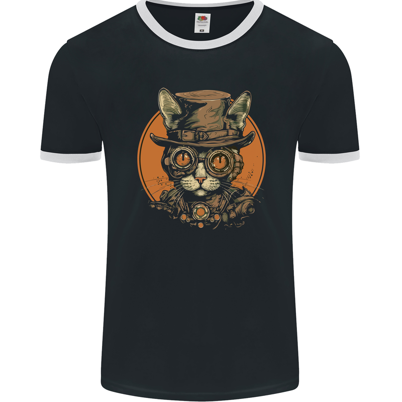 A Steampunk Cat With a Hat & Glasses Mens Ringer T-Shirt FotL Black/White