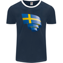 Curled Swedish Flag Sweden Day Football Mens Ringer T-Shirt FotL Navy Blue/White