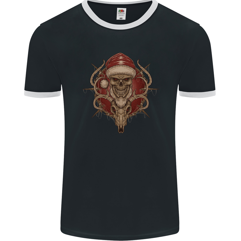 Christmas Reindeer Santa Skull Gothic Xmas Mens Ringer T-Shirt FotL Black/White