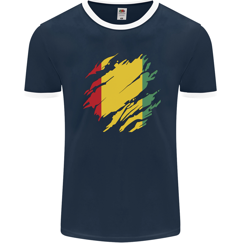 Torn Guinea Flag Guinean Day Football Mens Ringer T-Shirt FotL Navy Blue/White