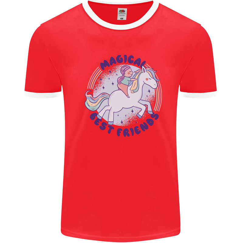 Magical Friends a Girl Riding a Unicorn Mens Ringer T-Shirt Red/White