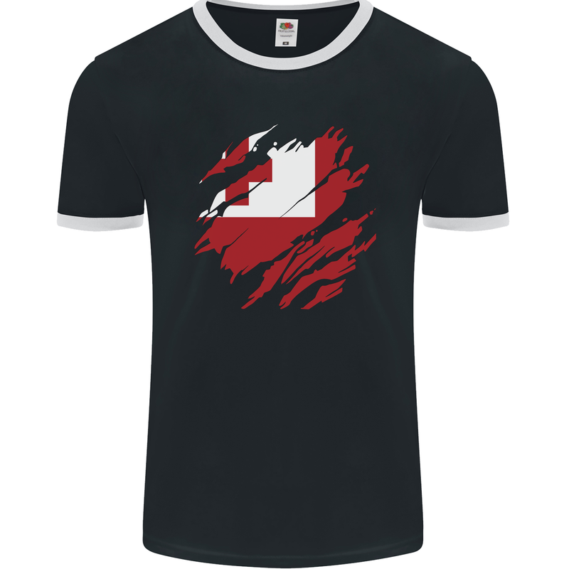 Torn Tongo Flag Tongan Day Football Mens Ringer T-Shirt FotL Black/White