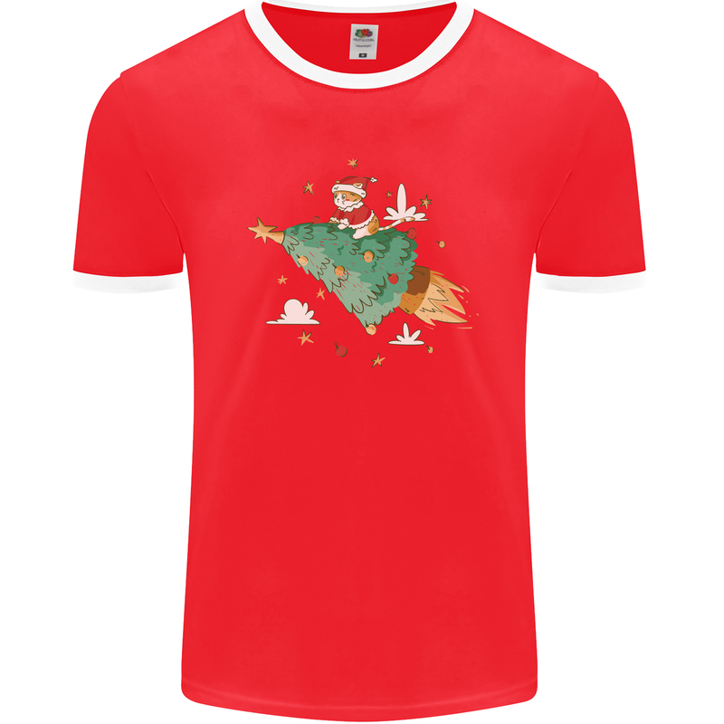 Christmas Cat Space Rocket Xmas Tree Ship Mens Ringer T-Shirt FotL Red/White