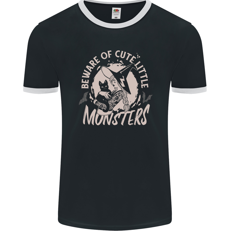 Cute Monsters Funny Halloween Cats & Witch Mens Ringer T-Shirt FotL Black/White