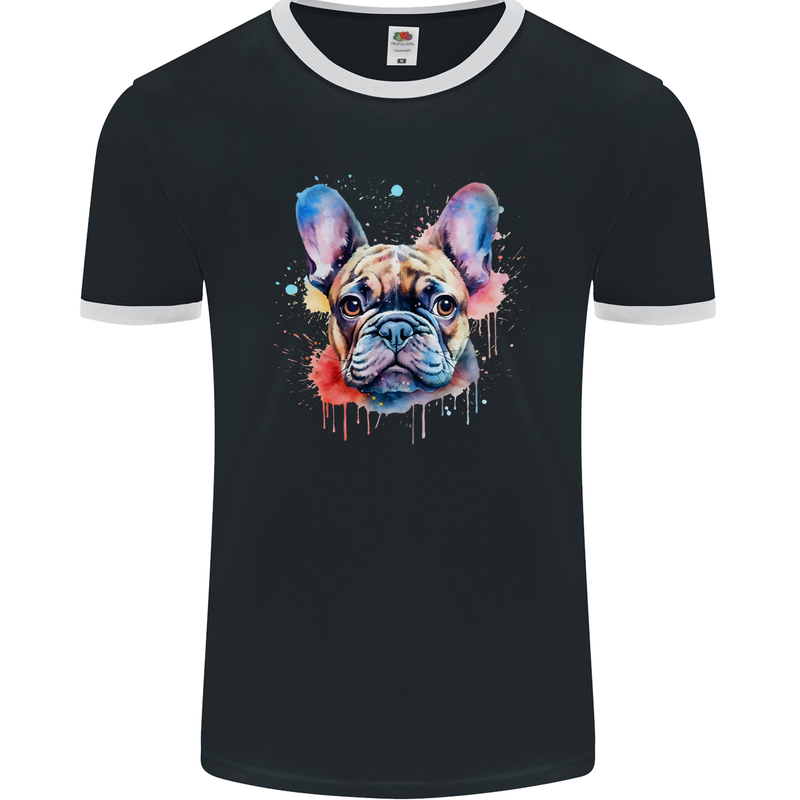 French Bulldog Watercolour Dog Mens Ringer T-Shirt FotL Black/White