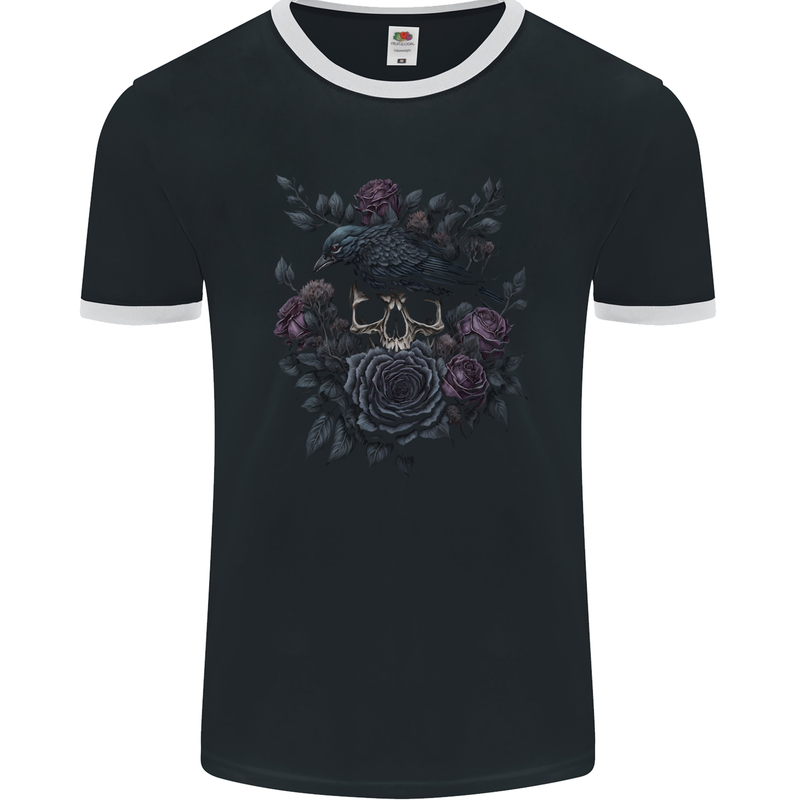 Crow & Skull With Flowers Gothic Goth Raven Mens Ringer T-Shirt FotL Black/White