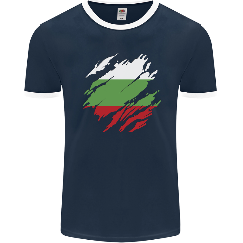 Torn Bulgaria Flag Bulgarian Day Football Mens Ringer T-Shirt FotL Navy Blue/White