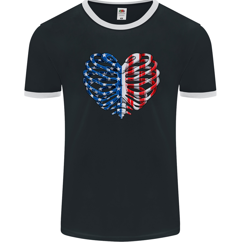 USA Rib Cage American Flag Mens Ringer T-Shirt FotL Black/White