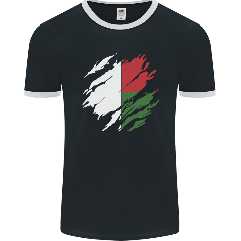 Torn Madagascar Flag Madagascan Day Football Mens Ringer T-Shirt FotL Black/White