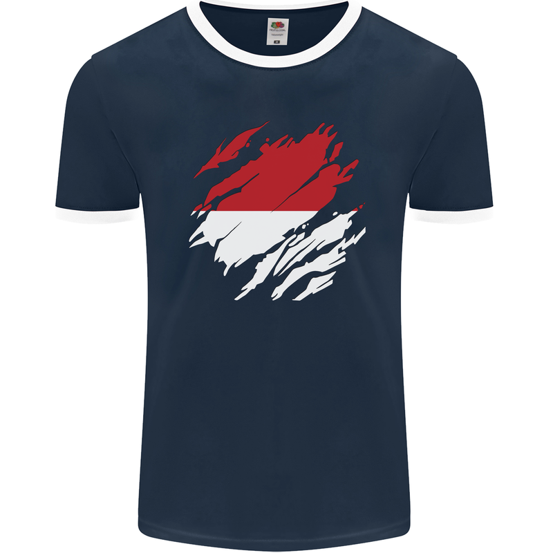 Torn Indonesia Flag Indonesian Day Football Mens Ringer T-Shirt FotL Navy Blue/White