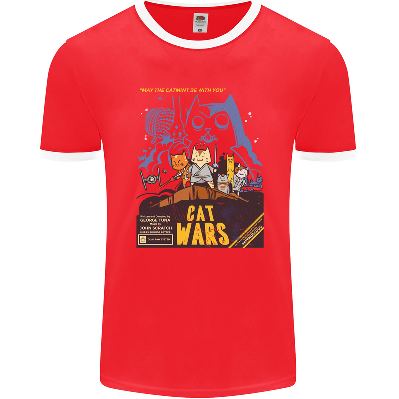 Cat Wars Funny Sci-Fi Mens Ringer T-Shirt FotL Red/White