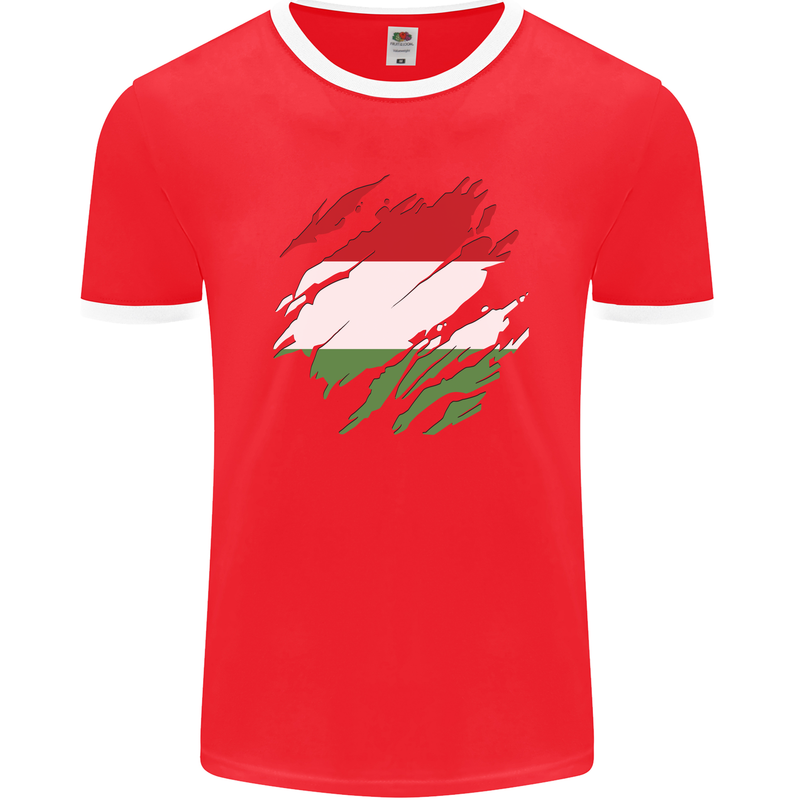 Torn Hungary Flag Hungarian Day Football Mens Ringer T-Shirt FotL Red/White