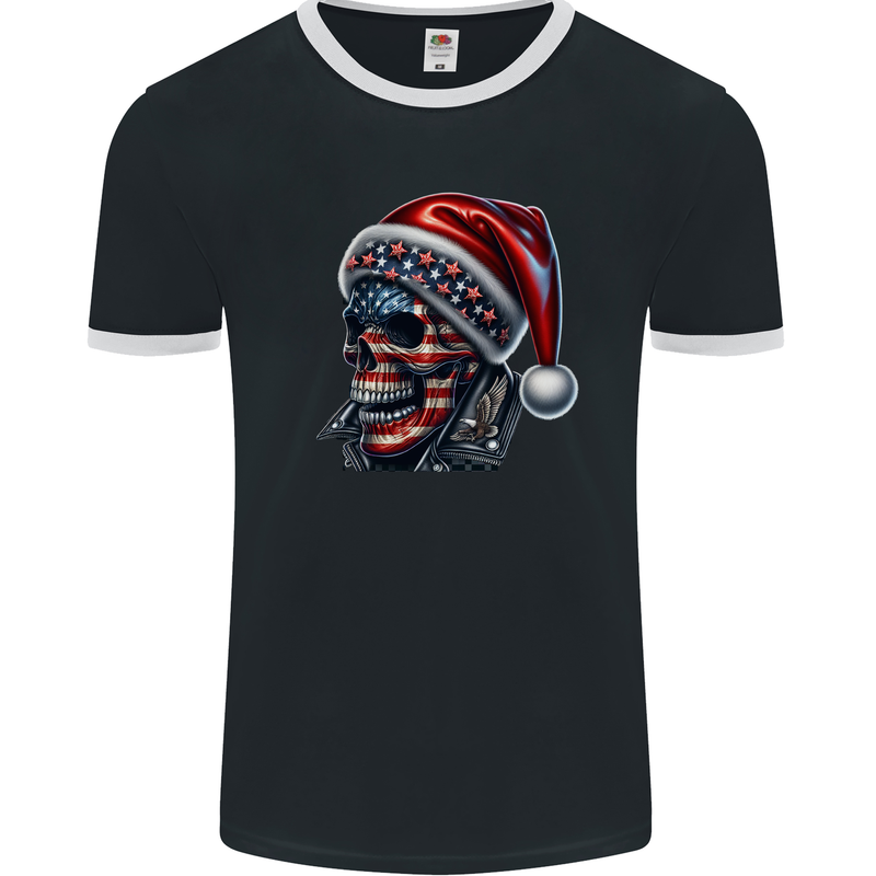 American Christmas Skull Xmas USA Flag Biker Mens Ringer T-Shirt FotL Black/White