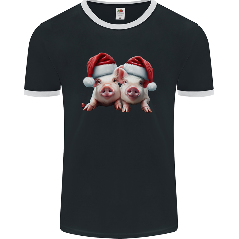 Christmas Piglets Wearing Xmas Hats Pig Mens Ringer T-Shirt FotL Black/White