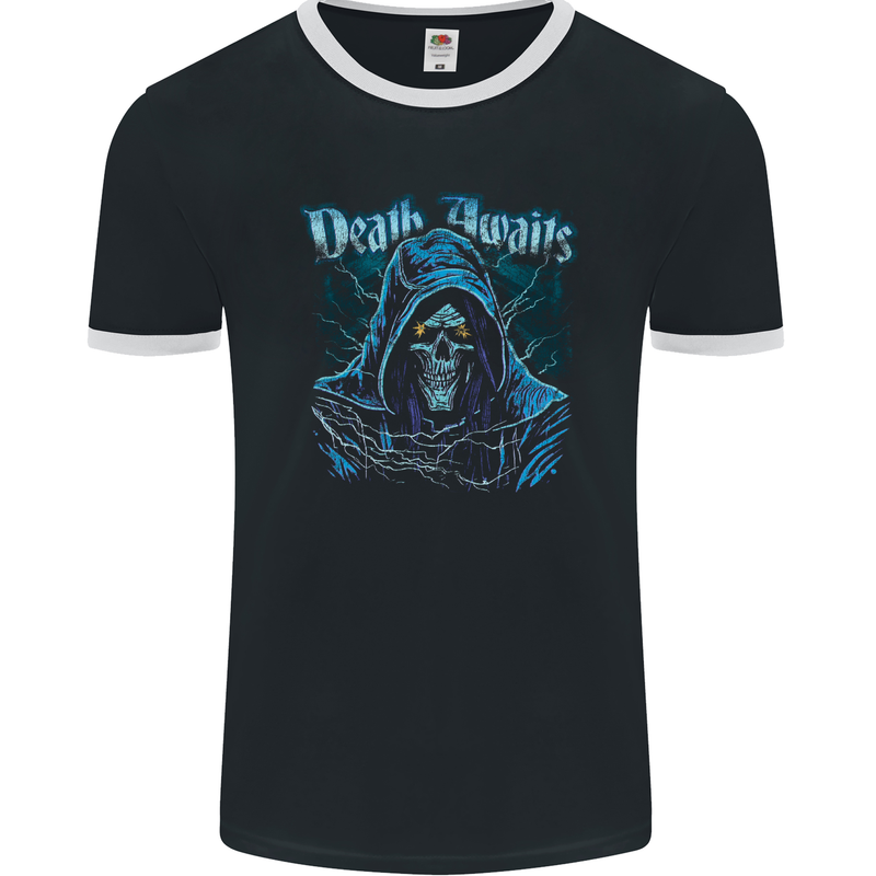 Death Awaits Evil Grim Reaper Skull Mens Ringer T-Shirt FotL Black/White