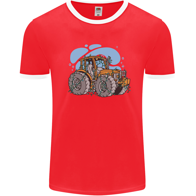 Christmas Tractor Farming Farmer Xmas Mens Ringer T-Shirt Red/White