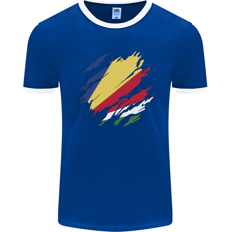 Torn Seychelles Flag Seychellois Day Football Mens Ringer T-Shirt FotL Royal Blue/White