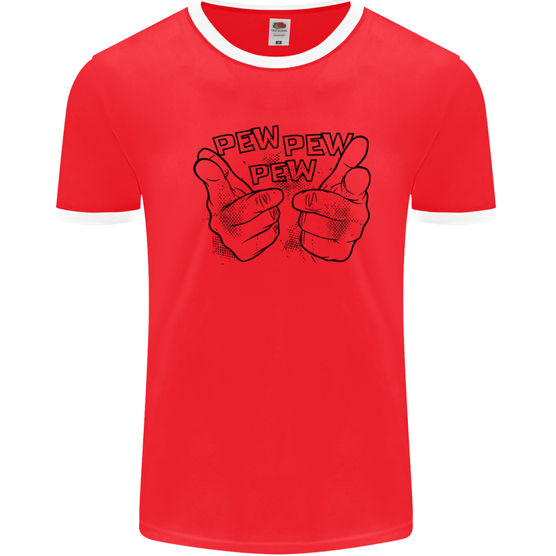 Pew Pew Pew Hands Funny Lightsaber Sci-Fi Mens Ringer T-Shirt Red/White