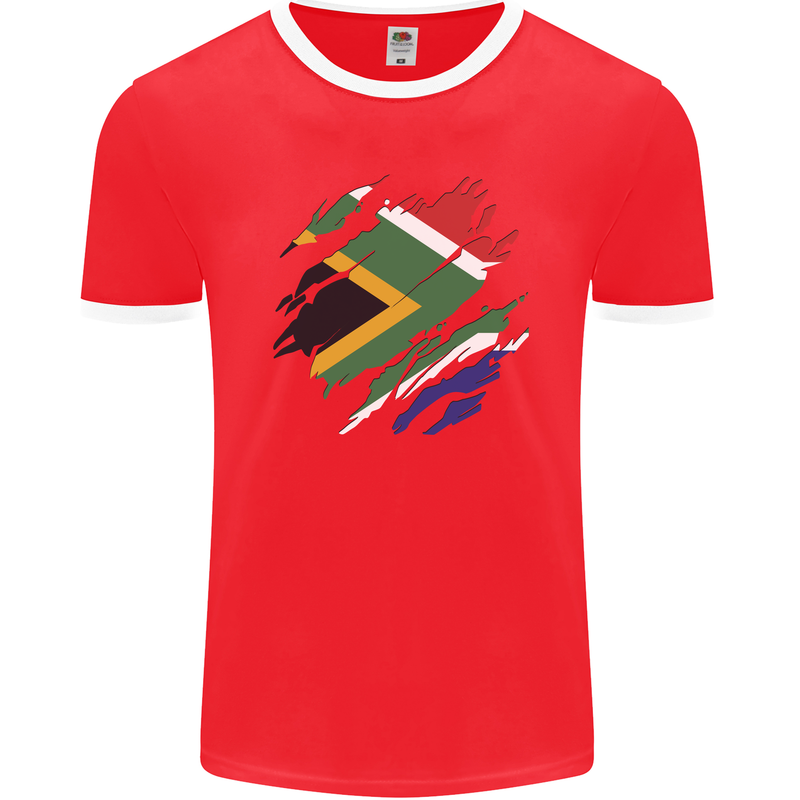 Torn South African Flag Africa Day Football Mens Ringer T-Shirt FotL Red/White