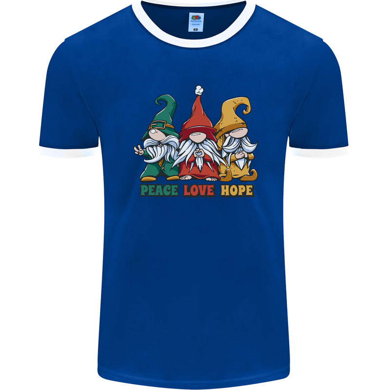 Peace Love Hope 3 Gnomes Mens Ringer T-Shirt FotL Royal Blue/White