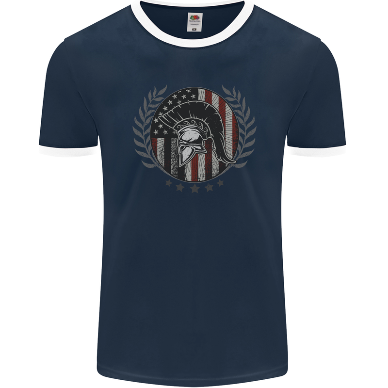 USA Bodybuilding Flag Gym Training Spartan Mens Ringer T-Shirt FotL Navy Blue/White