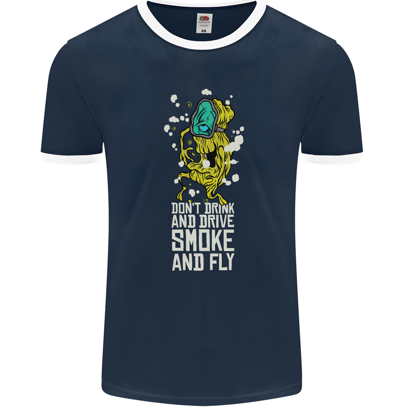 Funny Weed Cannabis Smoke and Fly Mens Ringer T-Shirt FotL Navy Blue/White