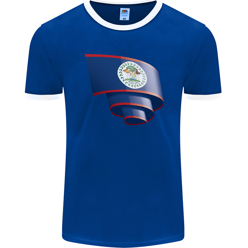 Curled Belize Flag Belizean Day Football Mens Ringer T-Shirt FotL Royal Blue/White