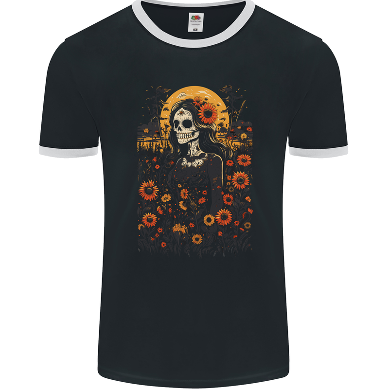 DOTD Sugar Skull Girl Day of the Dead La Catrina Mens Ringer T-Shirt FotL Black/White