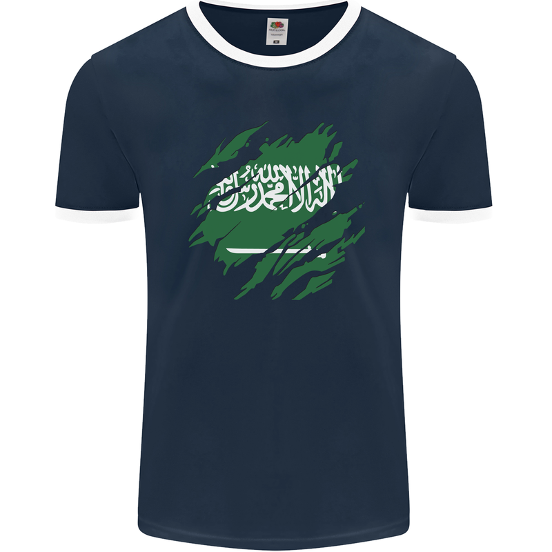 Torn Saudi Arabia Flag Arabian Day Football Mens Ringer T-Shirt FotL Navy Blue/White