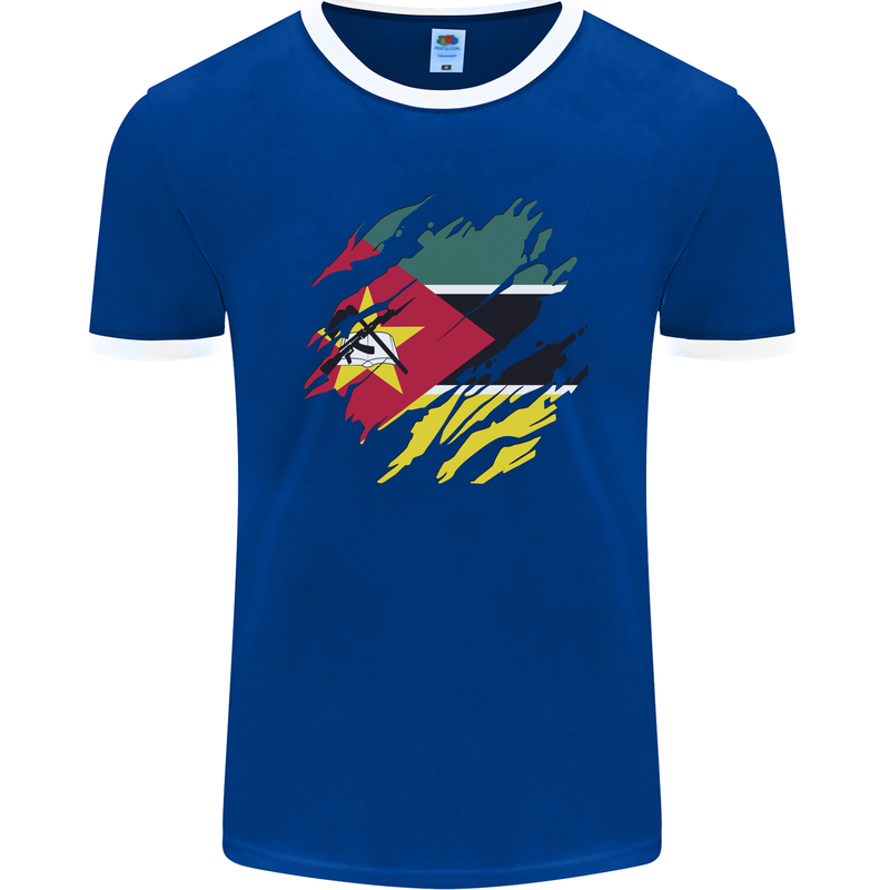 Torn Mozambique Flag Mozambican Day Football Mens Ringer T-Shirt FotL Royal Blue/White