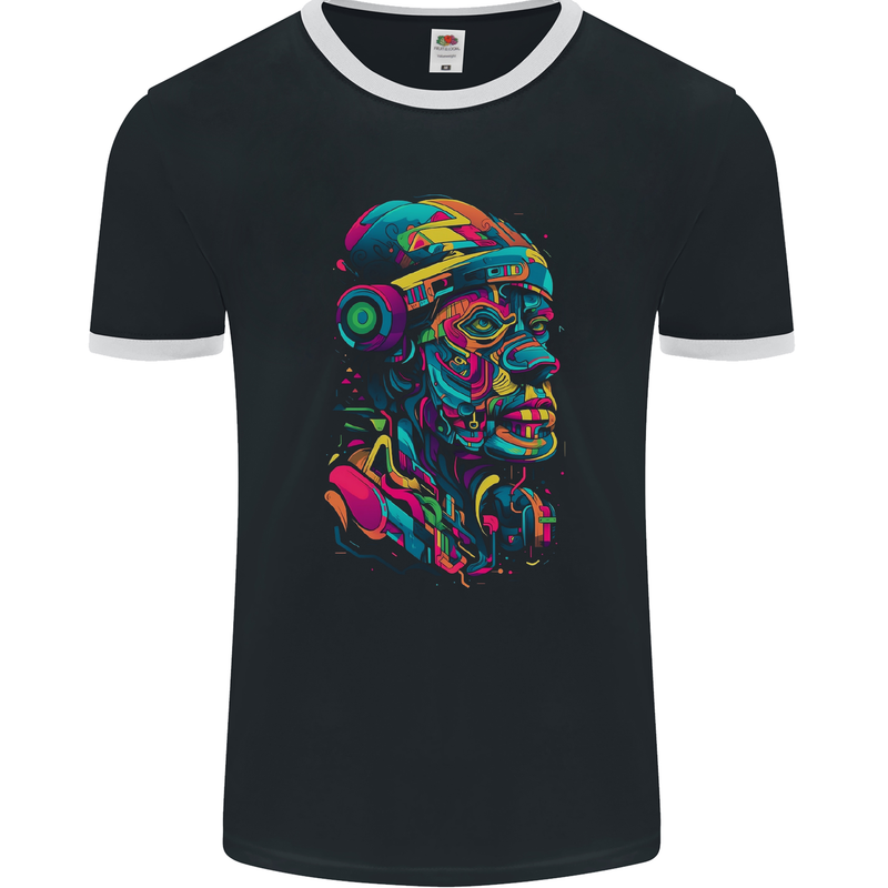 Cool African Head With Headphones Mens Ringer T-Shirt FotL Black/White