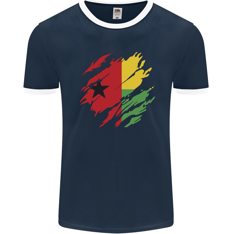 Torn Guinea-Bissau Flag Day Football Mens Ringer T-Shirt FotL Navy Blue/White