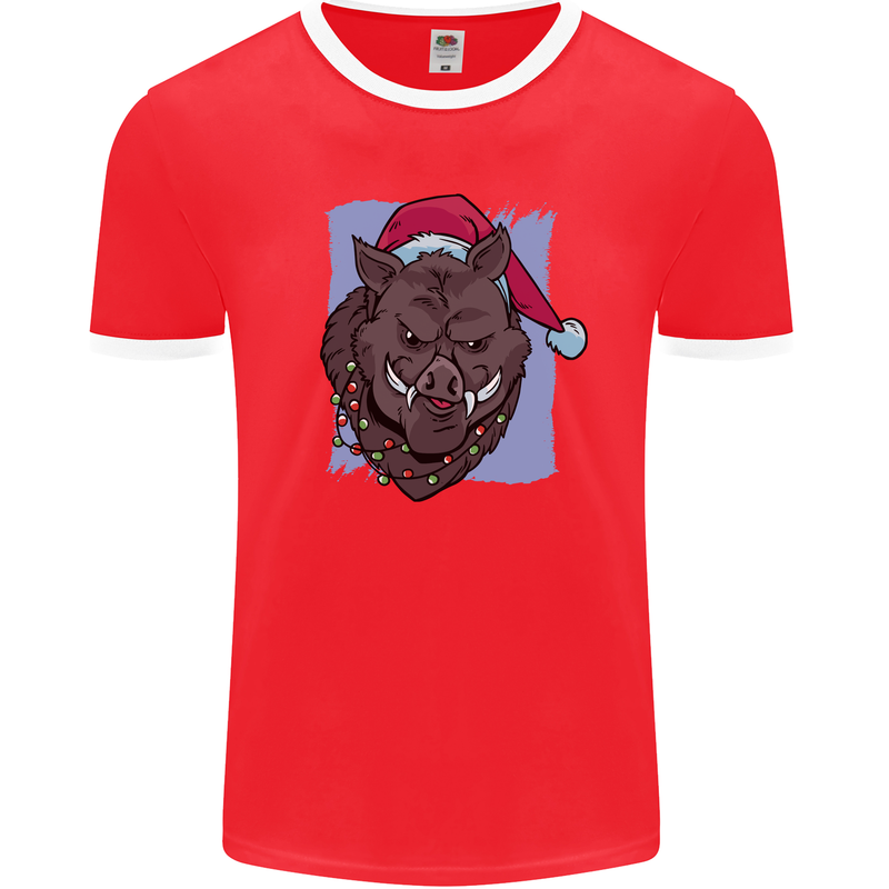 A Christmas Boar Wearing an Xmas Hat Pig Mens Ringer T-Shirt FotL Red/White