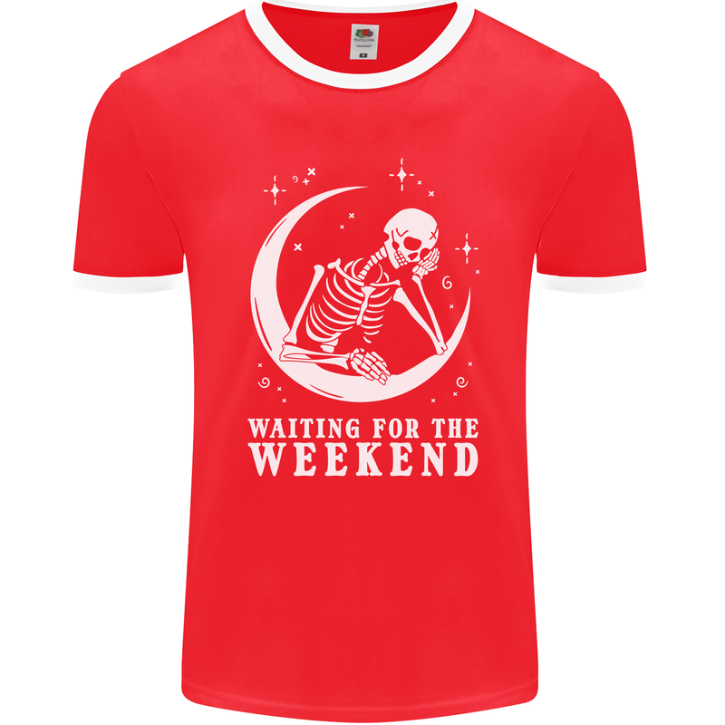 Skeleton Waiting For the Weekend Mens Ringer T-Shirt FotL Red/White