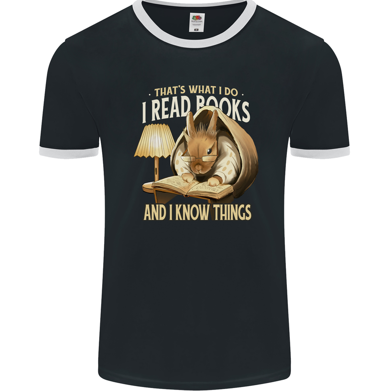 I Read Books & Know Things Bookworm Rabbit Mens Ringer T-Shirt FotL Black/White