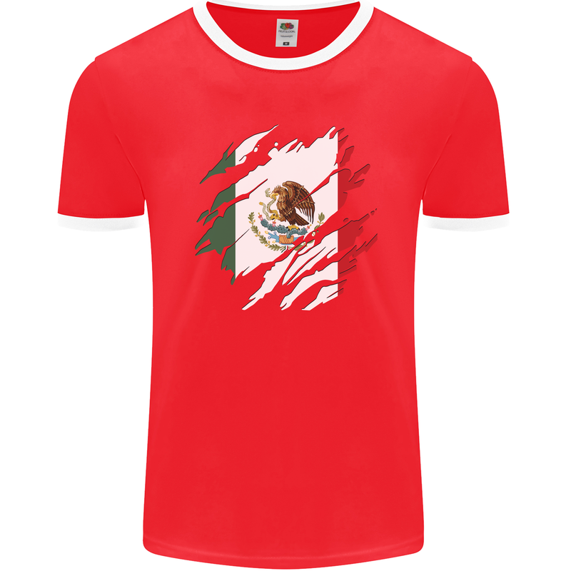 Torn Mexico Flag Mexican Day Football Mens Ringer T-Shirt FotL Red/White