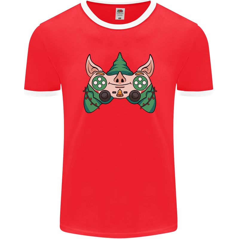 Christmas Elf Video Game Controller Joypad Xmas Mens Ringer T-Shirt FotL Red/White