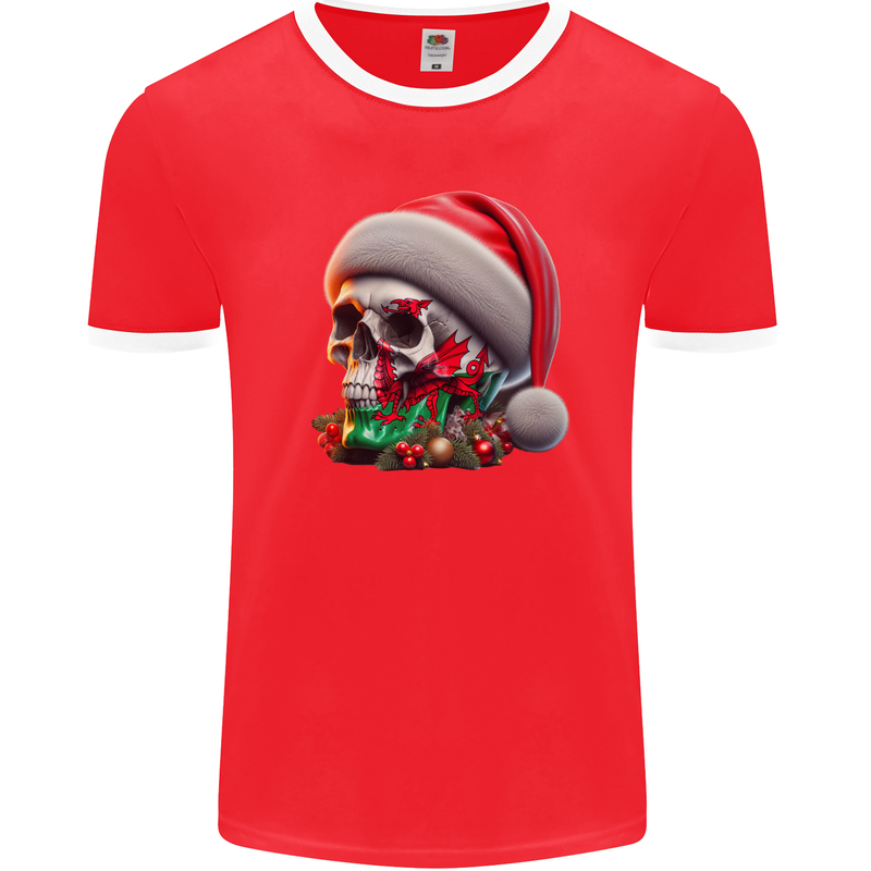 Wales Christmas Skull Xmas Welsh Flag Rugby Mens Ringer T-Shirt FotL Red/White