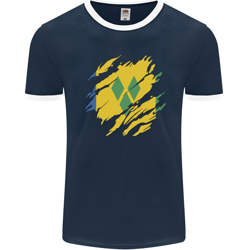 Torn Saint Vincent and Grenadines Flag Football Mens Ringer T-Shirt FotL Navy Blue/White