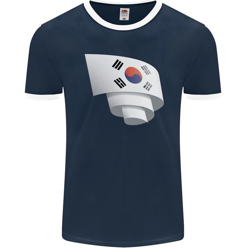 Curled South Korea Flag Korean Day Football Mens Ringer T-Shirt FotL Navy Blue/White